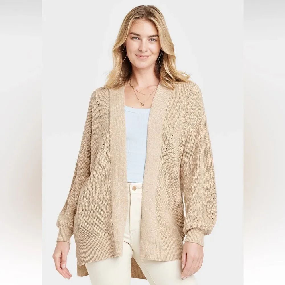 UT Tan Ivory Heather Medium Knit Open Front Slouchy Side Seam Pocket Cardigan